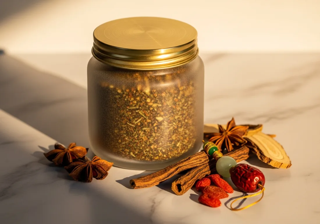 A frosted glass jar of bespoke herbal granules beside loose Chinese herbs on marble