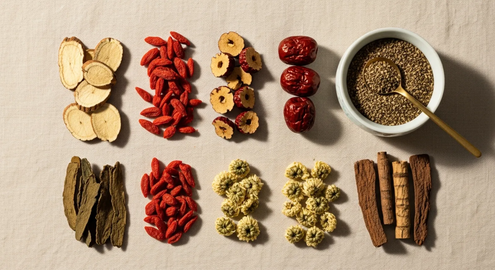 Traditional Chinese medicinal herbs on linen: rehmannia, goji berries, jujube, chrysanthemum and bark