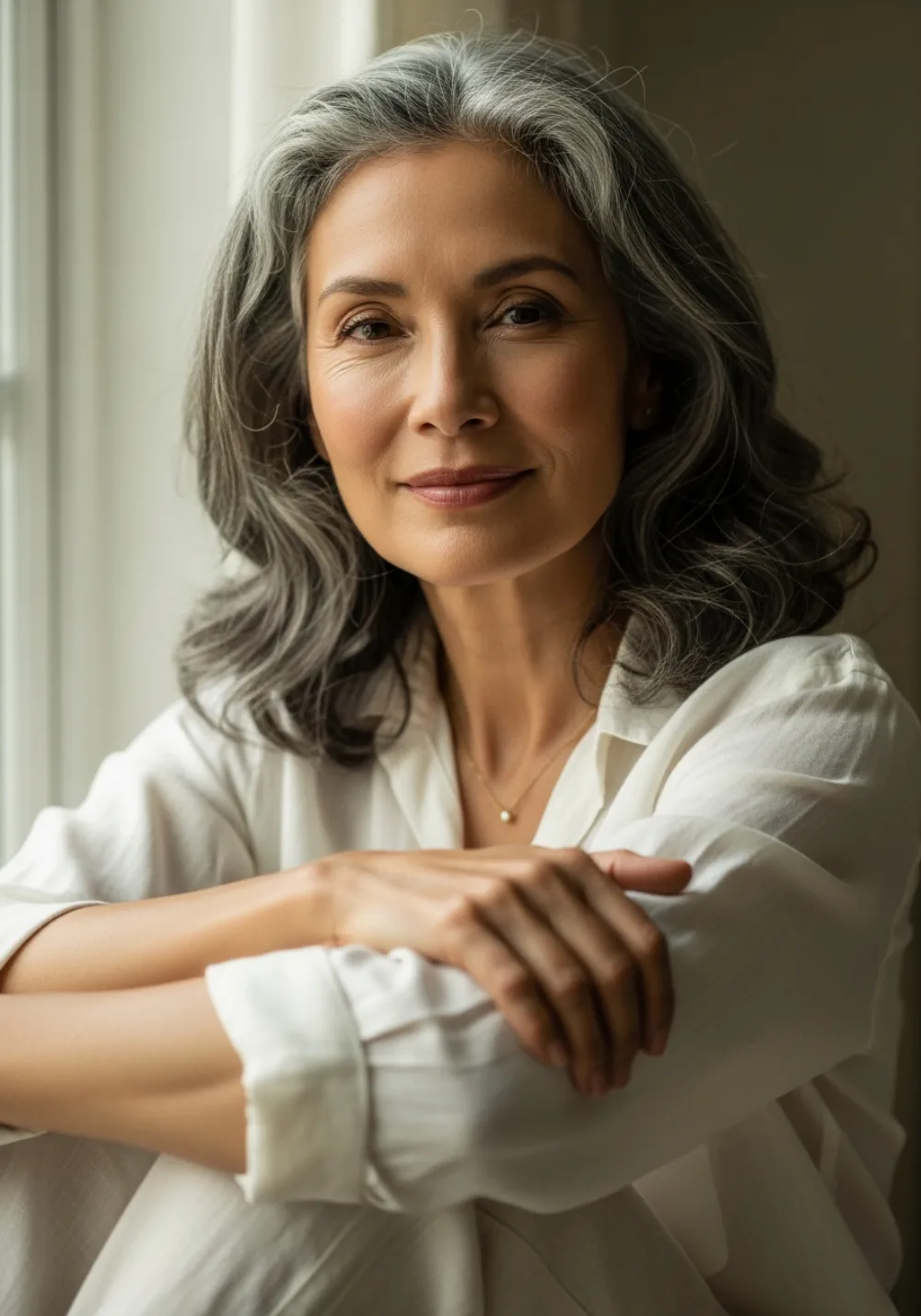 A woman in her fifties in soft natural light, calm and radiant